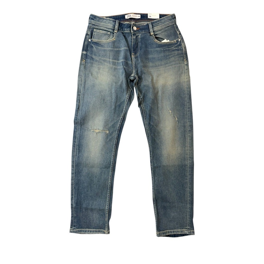 Zara Relaxed Straight Jeans Distressed Cropped Blue Size 4 Mid Rise Denim